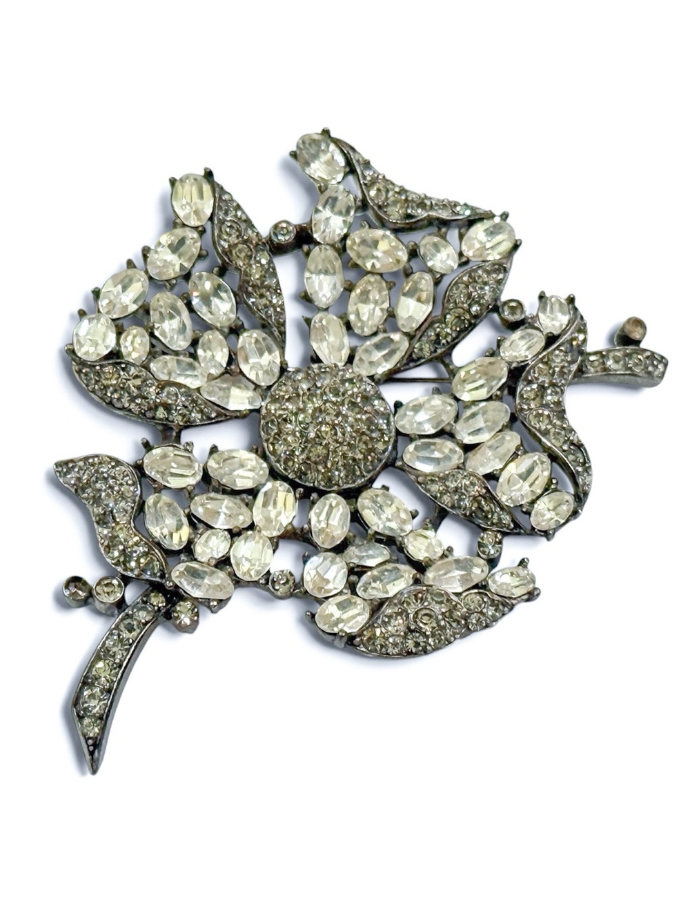 Rare Crown Trifari Couture Flower Brooch, Clear Rhinestones & Smoke Crystal Pavé